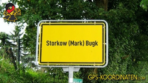Typisches Deutsches Straßenschild am Ortseingang Storkow (Mark) Bugk in Brandenburg