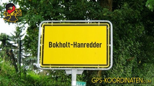 Typisches deutsches Ortseingangsschild von Bokholt-Hanredder in Schleswig-Holstein