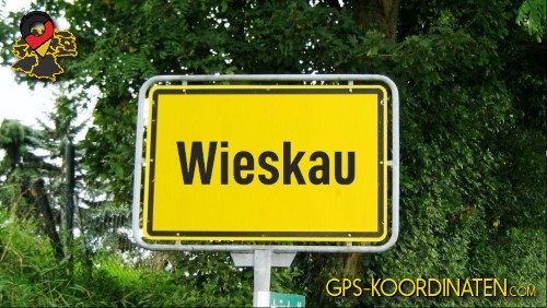 Typisches deutsches Ortseingangsschild Wieskau in Sachsen-Anhalt